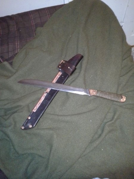 Long Tooth Seax style knife, with copper reinforcements