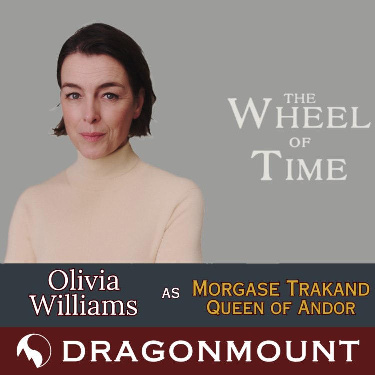 Olivia Williams as Morgase Trakand, Queen of Andor, includes headshot of Olivia Williams with a tight smile looking into the camera. She has short dark hair, pale skin, and wearing cream colored turtleneck sweater.